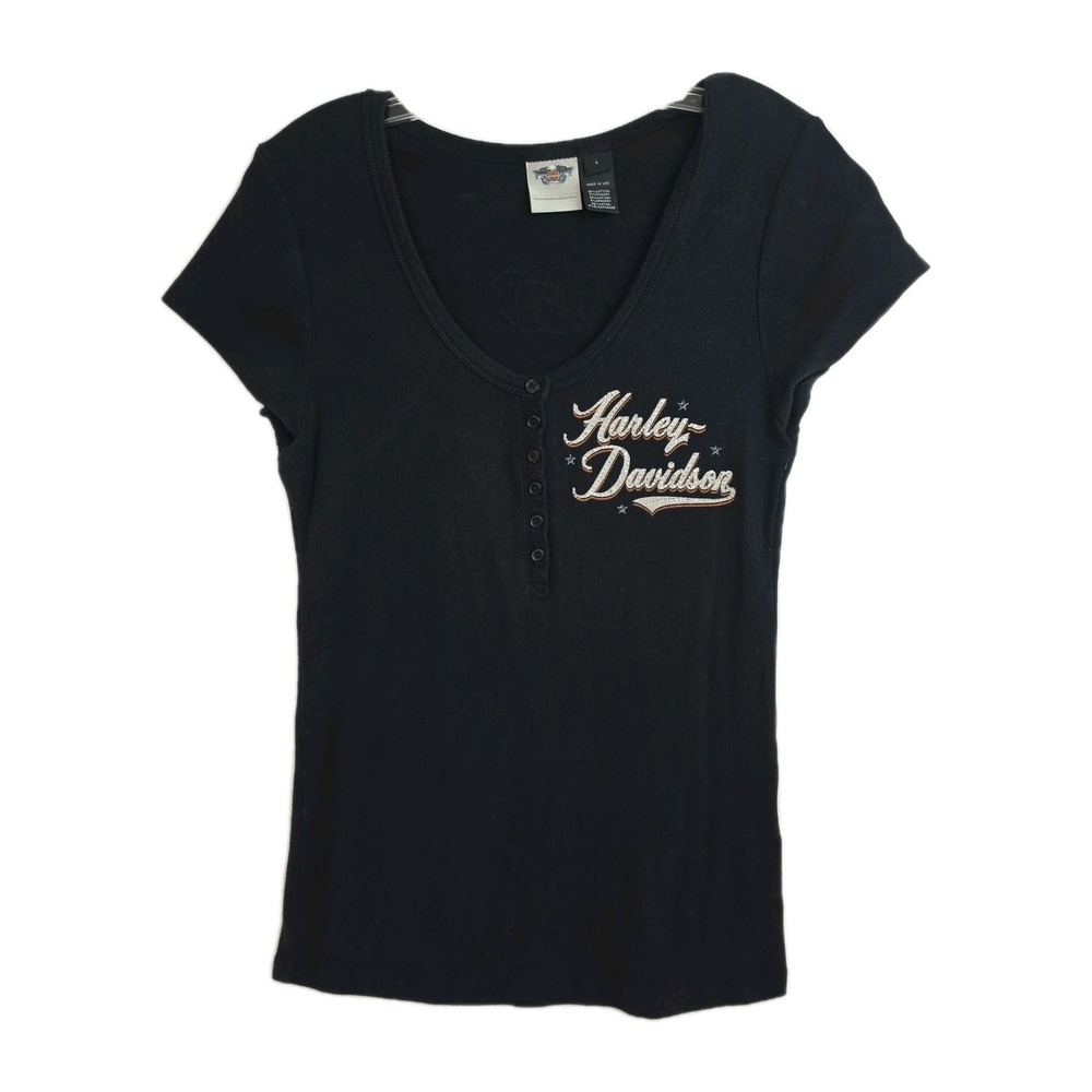 Harley-Davidson T-Shirt Women's L Rhinestones Buttons Graphic‎ Print V-Neck